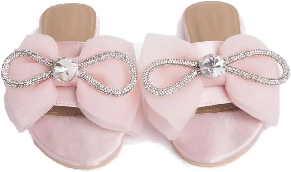 MissHeel Tulle Bow Flat Sandals with Rhinestone