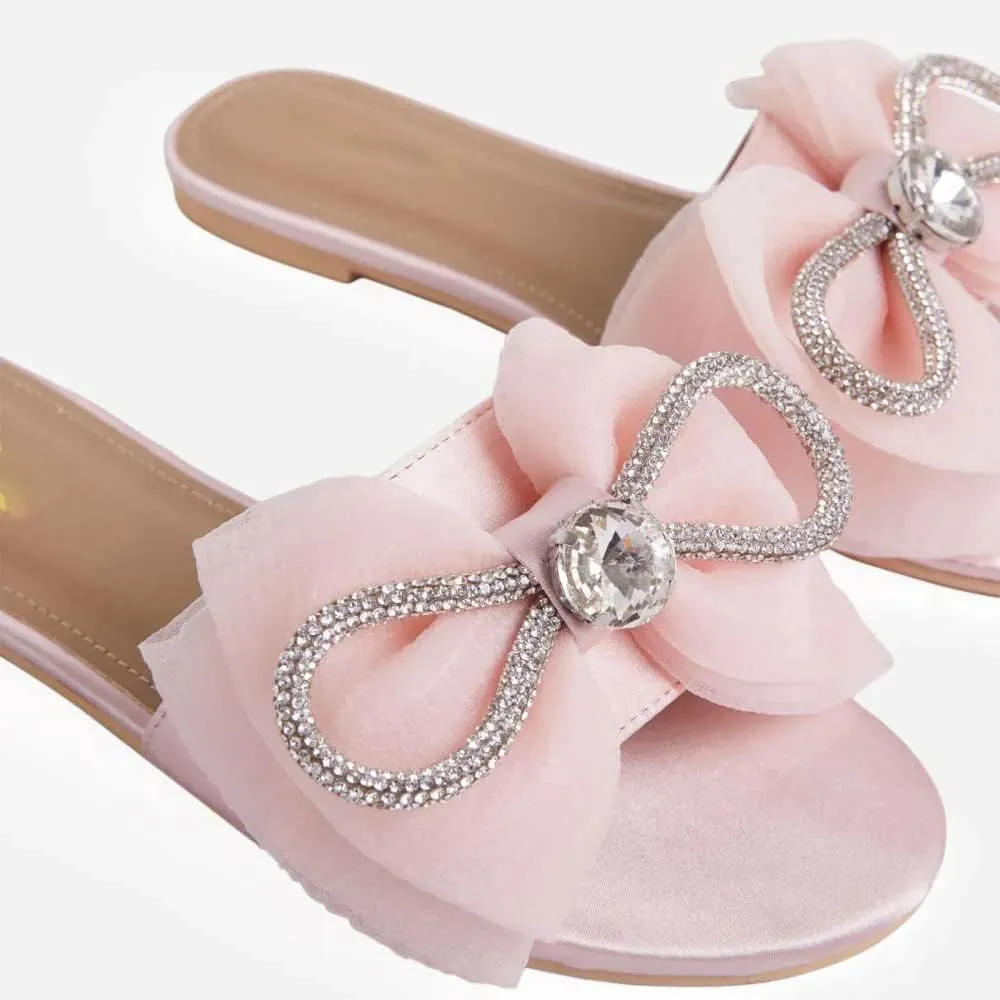 MissHeel Tulle Bow Flat Sandals with Rhinestone