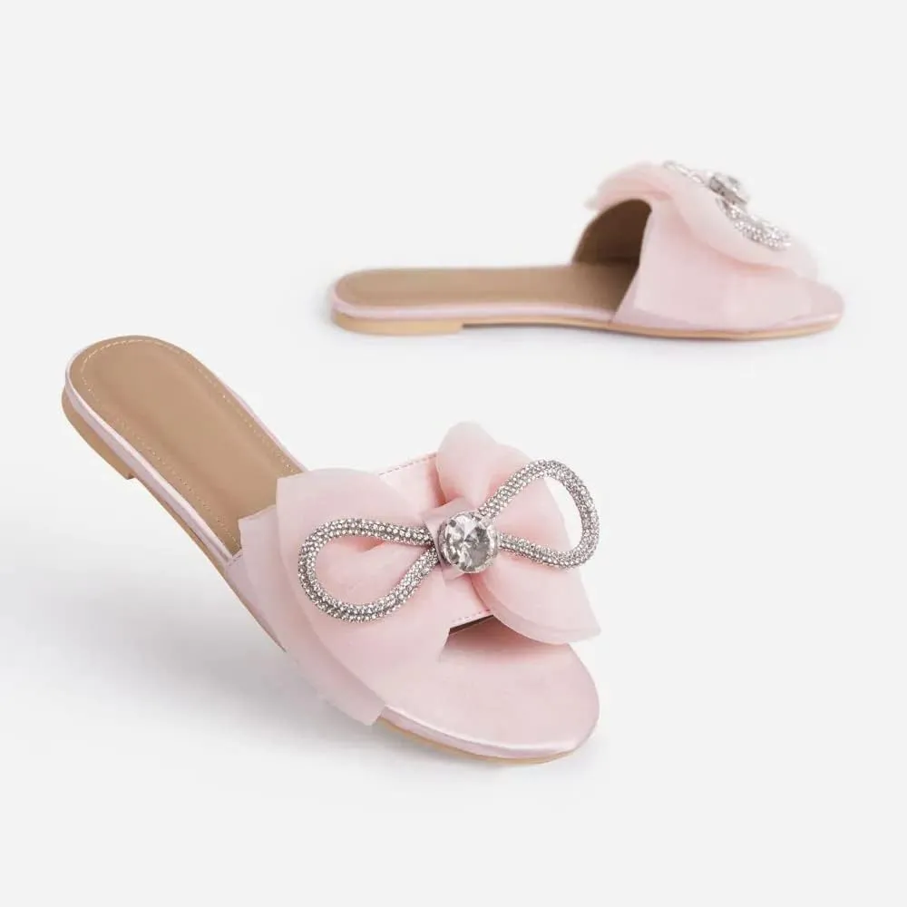 MissHeel Tulle Bow Flat Sandals with Rhinestone