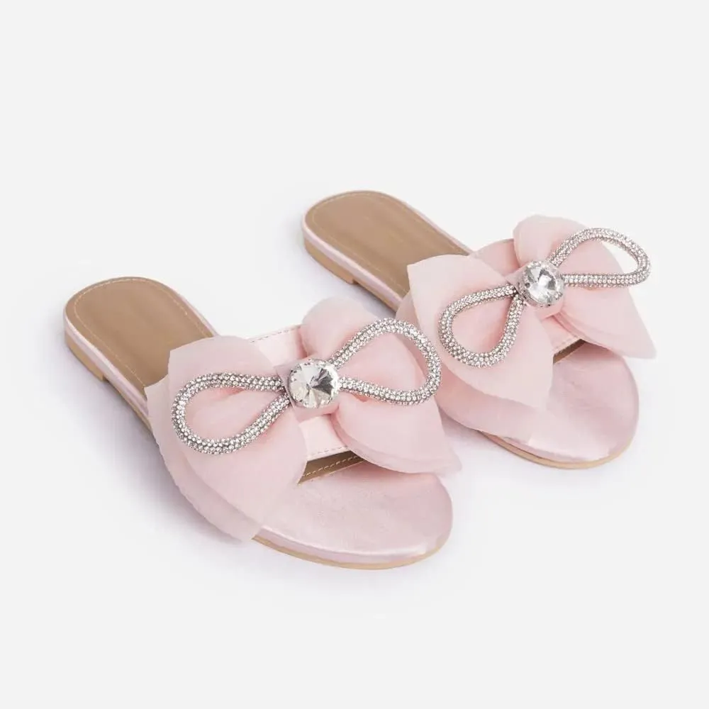 MissHeel Tulle Bow Flat Sandals with Rhinestone