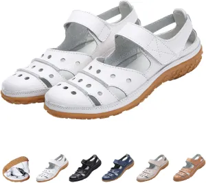 MOYOWEI Women's Leather Closed Toe Sandals Summer Casual Comfy Non-Slip Orthotic Softsole Ankle Strap Cutout Beach Mary Jane Shoes