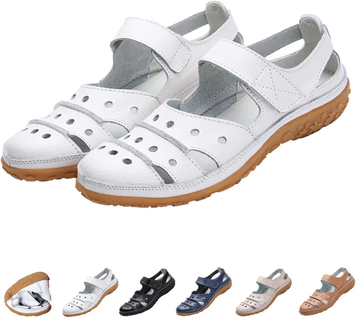 MOYOWEI Women's Leather Closed Toe Sandals Summer Casual Comfy Non-Slip Orthotic Softsole Ankle Strap Cutout Beach Mary Jane Shoes