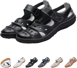 MOYOWEI Women's Leather Closed Toe Sandals Summer Casual Comfy Non-Slip Orthotic Softsole Ankle Strap Cutout Beach Mary Jane Shoes