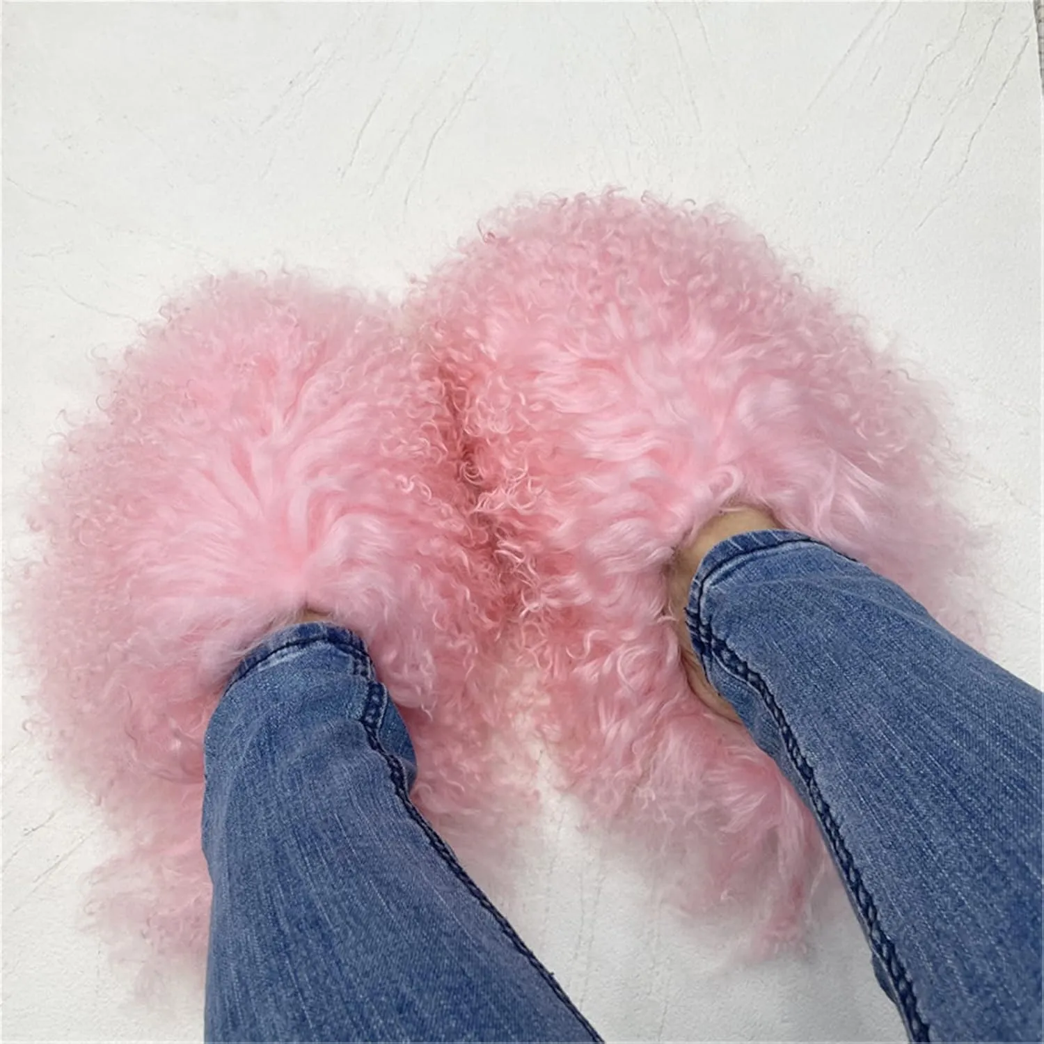 MSS1 Real Mongolian Sheep Fur Slippers Closed Toe For Women Girls Furry Big Fluffy Outdoor Beach Flat Luxury Slides Sliders With Tibetan Fur Long Curly Hair (8, Pink)