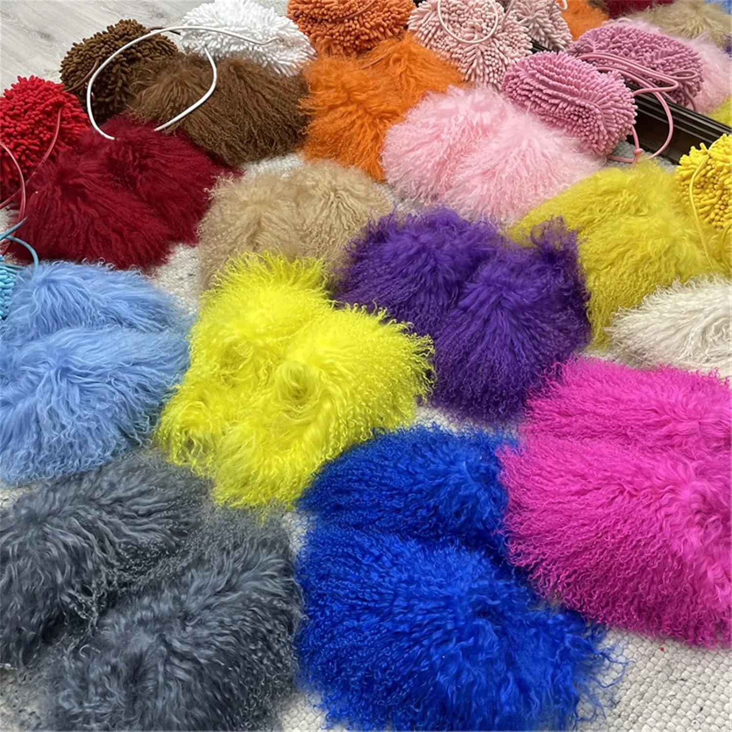 MSS1 Real Mongolian Sheep Fur Slippers Closed Toe For Women Girls Furry Big Fluffy Outdoor Beach Flat Luxury Slides Sliders With Tibetan Fur Long Curly Hair (8, Pink)