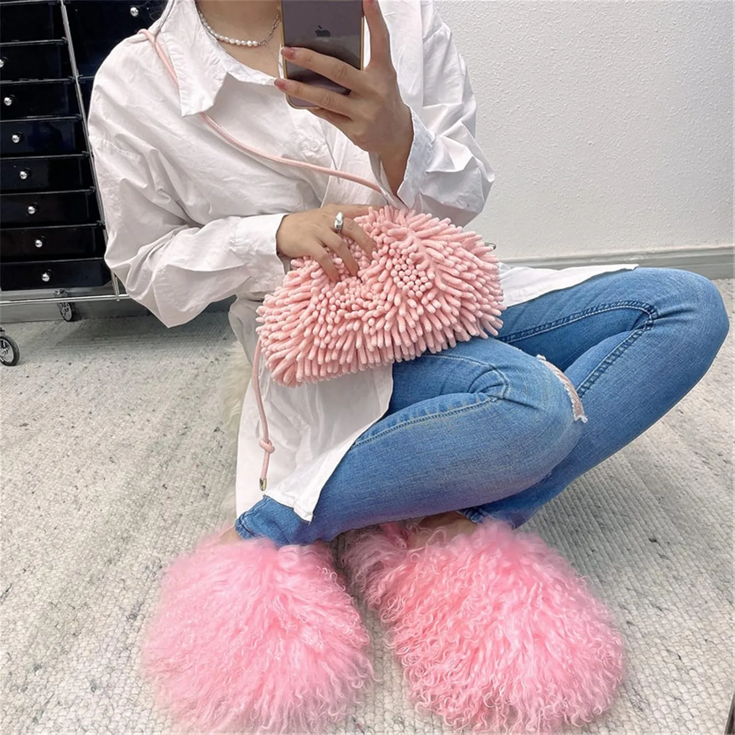 MSS1 Real Mongolian Sheep Fur Slippers Closed Toe For Women Girls Furry Big Fluffy Outdoor Beach Flat Luxury Slides Sliders With Tibetan Fur Long Curly Hair (8, Pink)