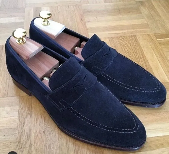 Navy Blue Suede Leather Moccasins for Men - Casual Comfort Shoes