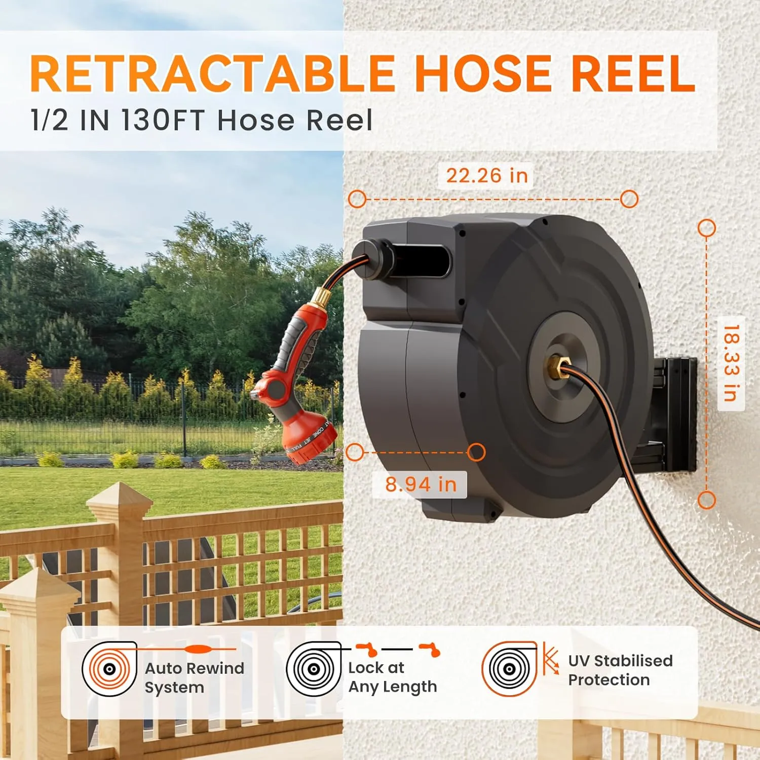 NEOTEC Retractable Garden Hose Reel 1/2 inch x 130ft - Wall Mounted Heavy Duty Hose Reel with 3/4 Inch Brass Fittings & 9-Pattern Nozzle - Auto Rewind System, Any Length Lock, 180° Swivel Bracket