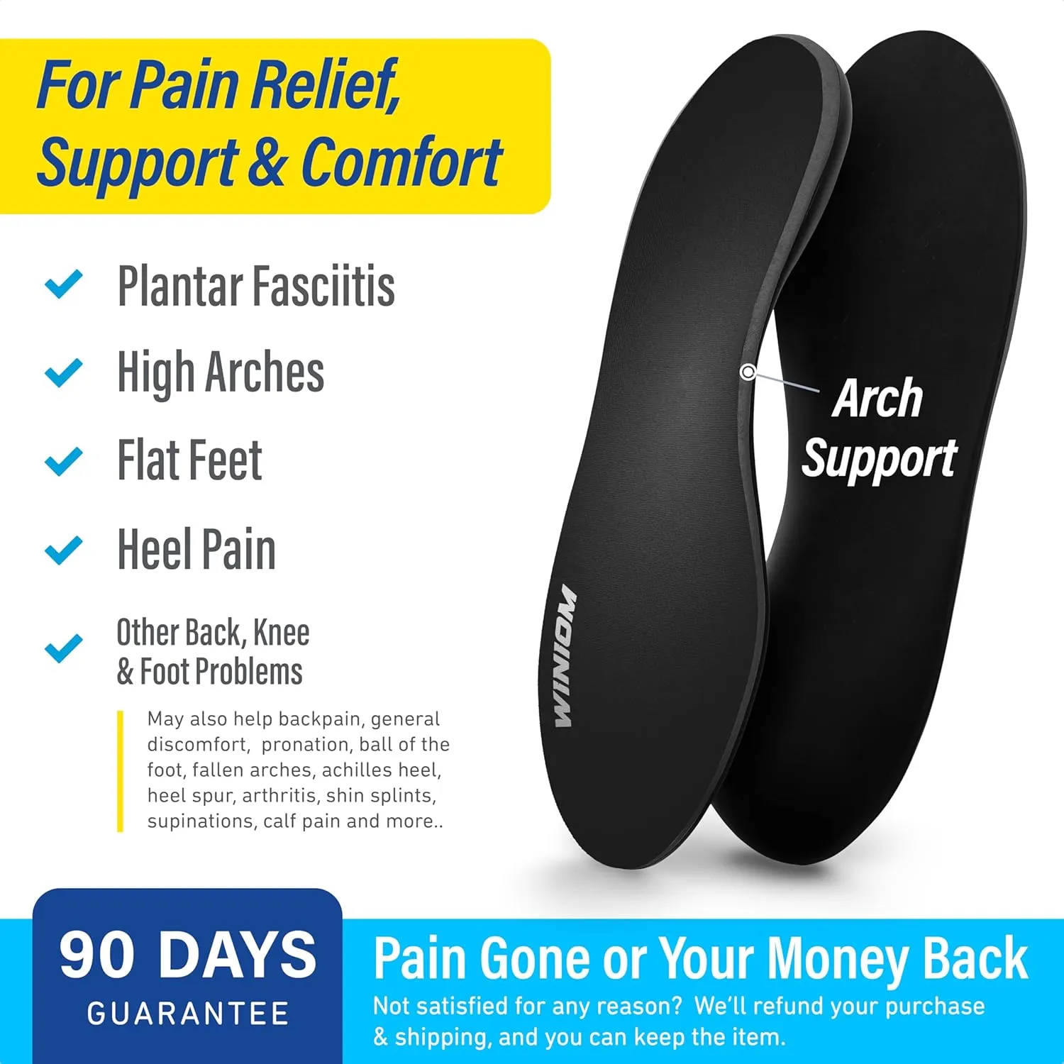 Orthotic Insoles for Plantar Fasciitis - Arch Support, Shock Absorption, Shoe Inserts for Men & Women - Relieve Heel & Foot Pain, Ideal for Flat Feet (Black (2 Pairs), M 9-9.5 / W 11-11.5)