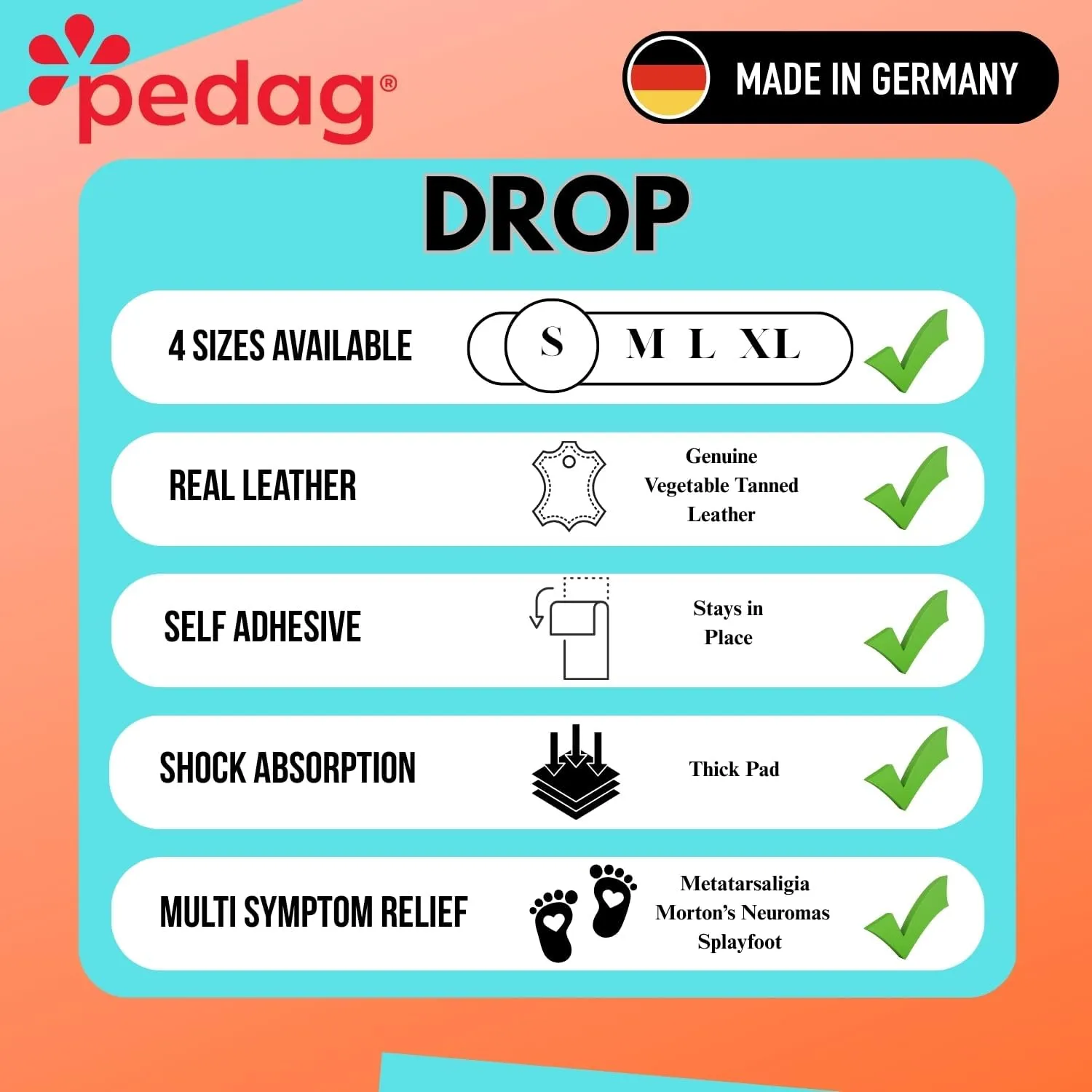 Pedag Drop | German Made | Metatarsal Pads | Anatomically Correct | Metatarsal Arch Support | Vegetable Tan Leather | Self Adhesive | White | Size Large, Fits US Women 11-13 / US Men 8-10 | 3 Pair