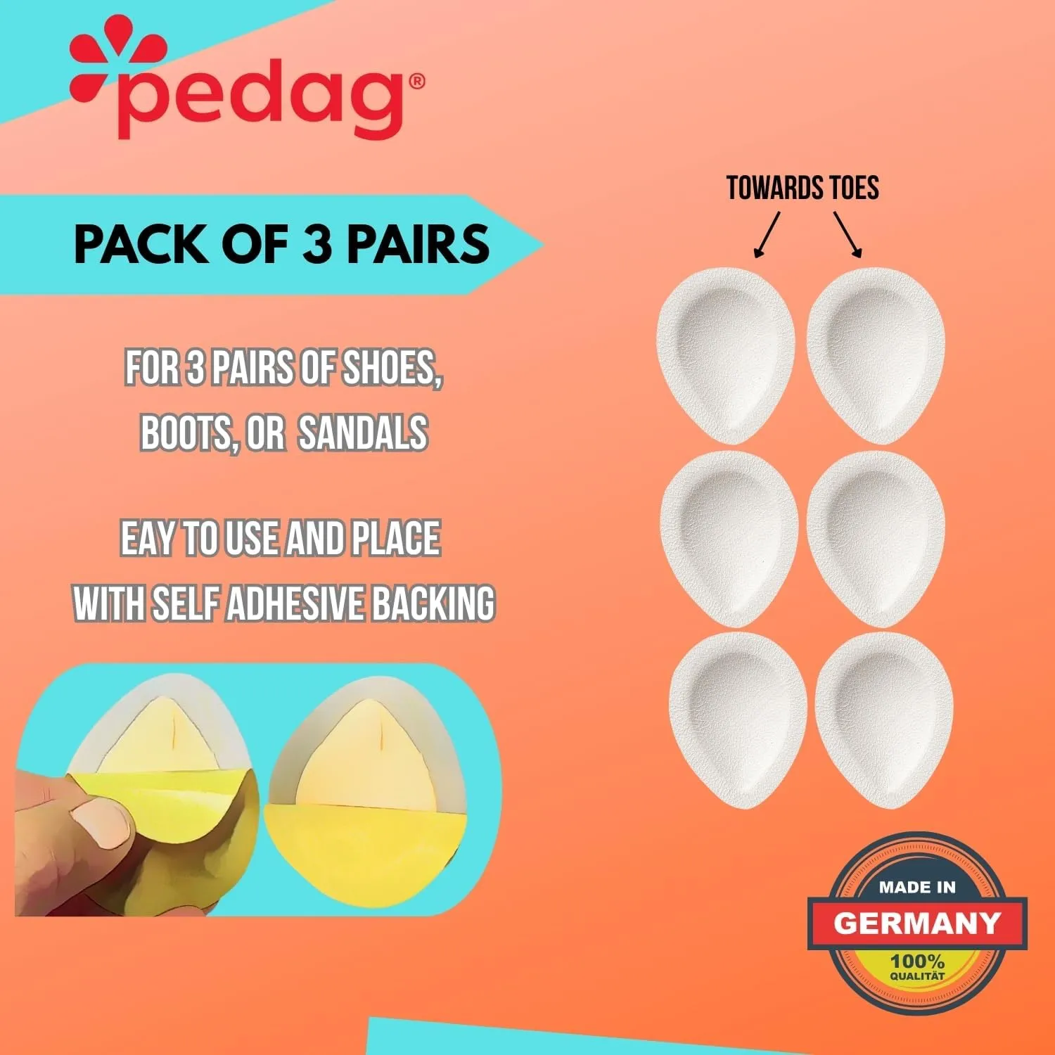 Pedag Drop | German Made | Metatarsal Pads | Anatomically Correct | Metatarsal Arch Support | Vegetable Tan Leather | Self Adhesive | White | Size Large, Fits US Women 11-13 / US Men 8-10 | 3 Pair