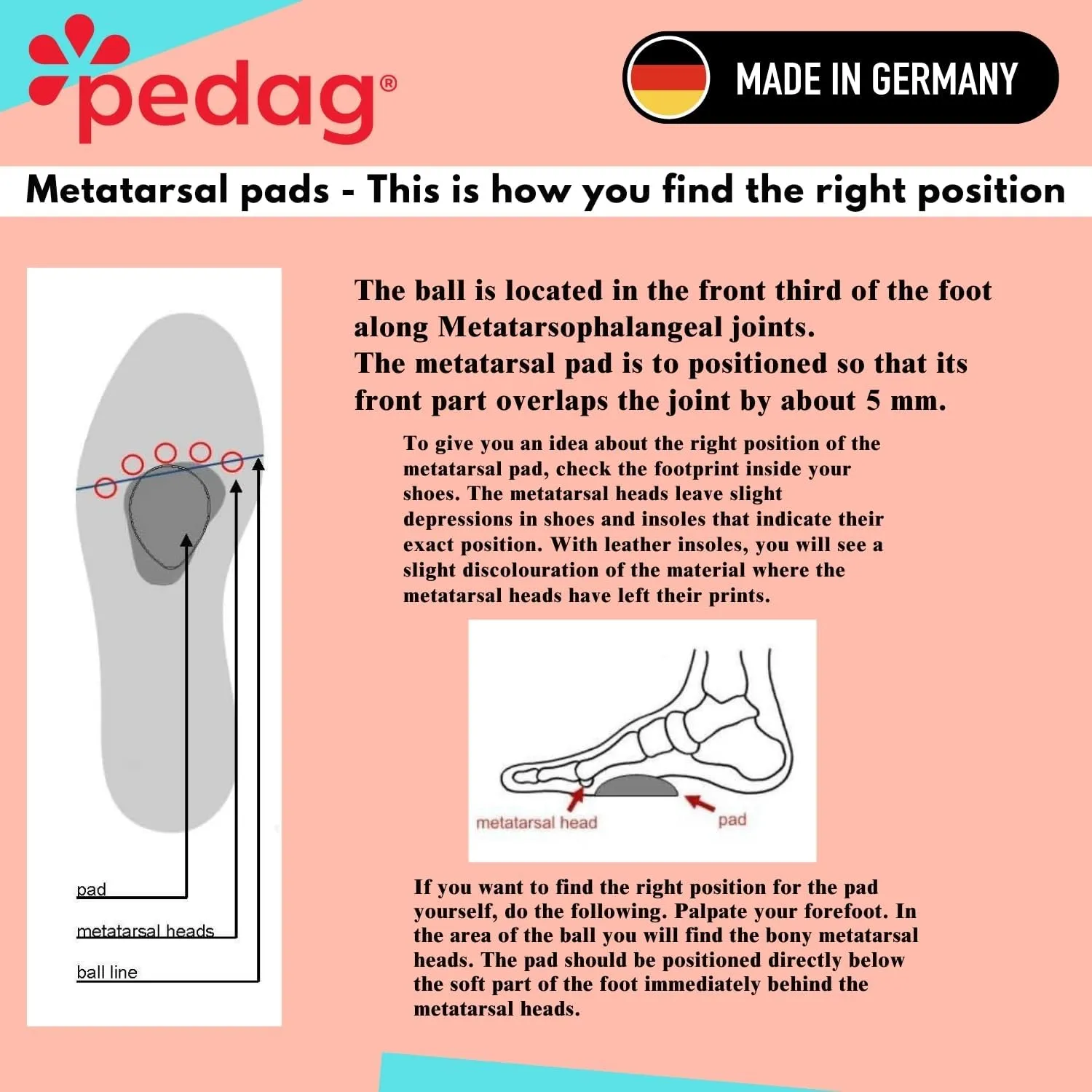 Pedag Drop | German Made | Metatarsal Pads | Anatomically Correct | Metatarsal Arch Support | Vegetable Tan Leather | Self Adhesive | White | Size Large, Fits US Women 11-13 / US Men 8-10 | 3 Pair