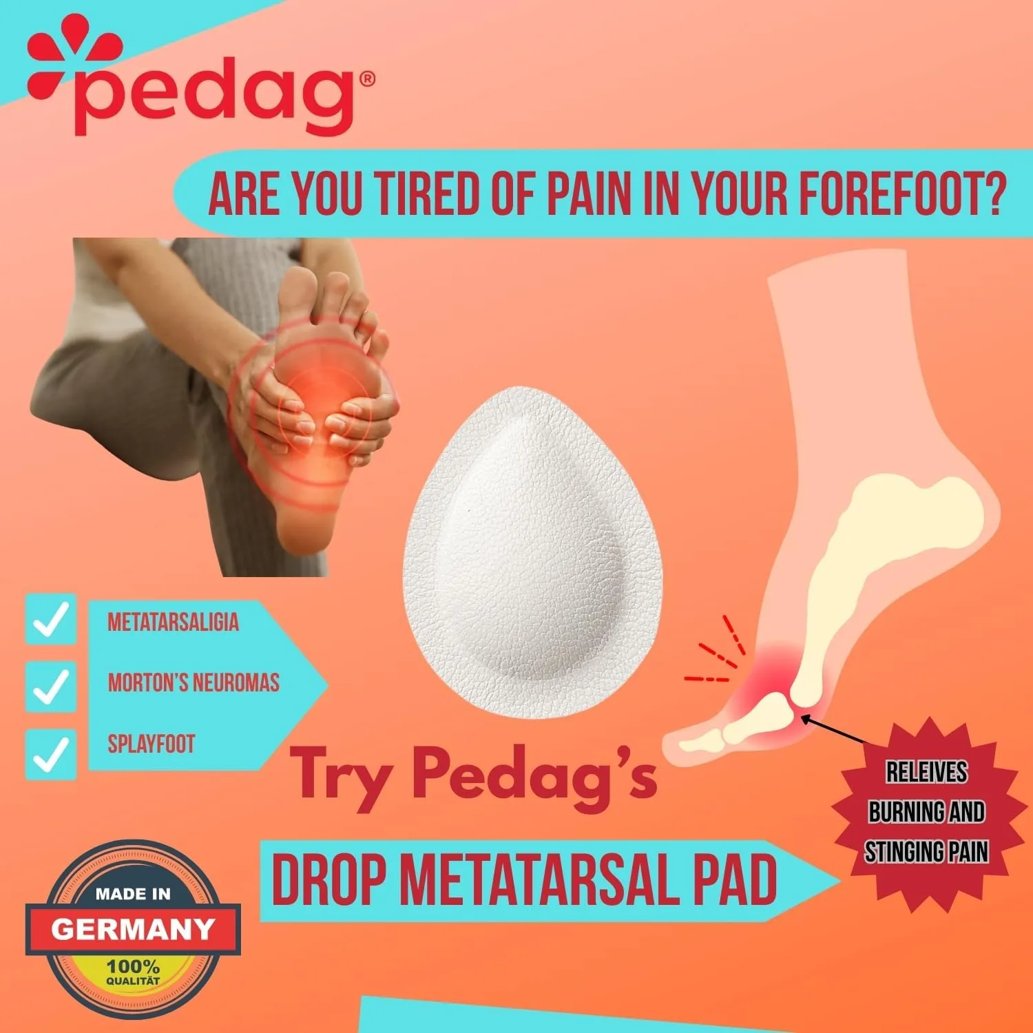 Pedag Drop | German Made | Metatarsal Pads | Anatomically Correct | Metatarsal Arch Support | Vegetable Tan Leather | Self Adhesive | White | Size Large, Fits US Women 11-13 / US Men 8-10 | 3 Pair