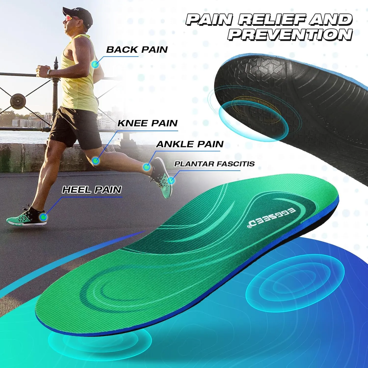 Plantar Fasciitis Insoles, High Arch Support Orthotic Shoe Inserts, Relieve Foot Pain and Flat Foot,Arch Pain Relief(Men 7-8.5/Women 8-9.5, Green)