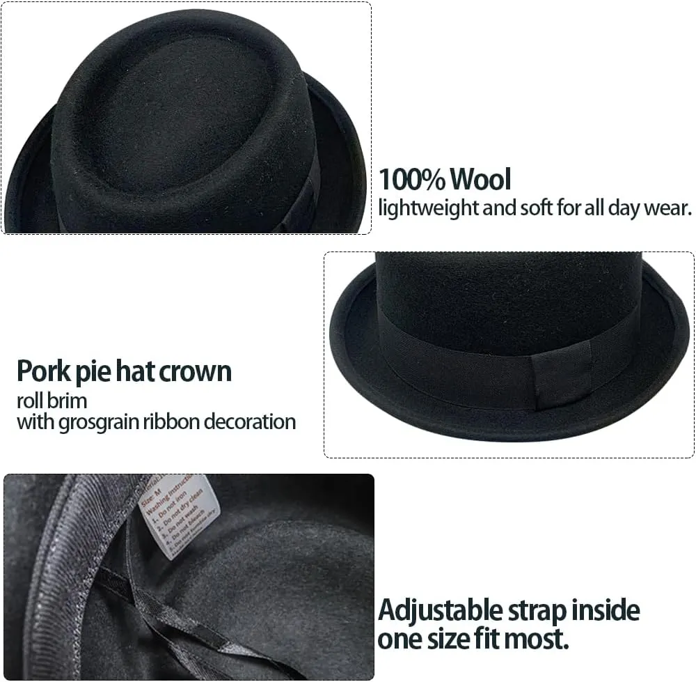 Pork-Pie-Hat Wool-Felt-Bowler Porkpie-Boater Derby-Fedora-Hat for Men-Women (M)