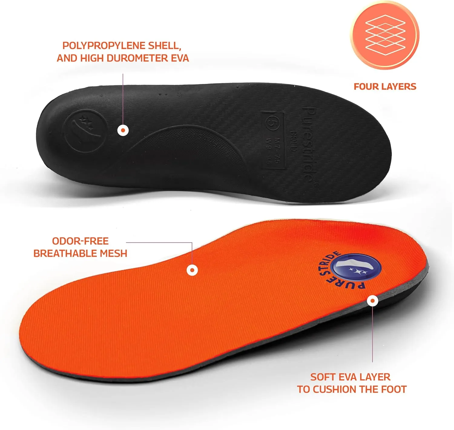 Pure Stride Bold Professional Full Length Orthotics - Shoe Support for Metatarsals, High Arch, Flat Feet - Pain Relief for Plantar Fasciitis, Arch, Heel - 1 Pair, Men 5-5.5/Women's 7-7.5, Bold Orange