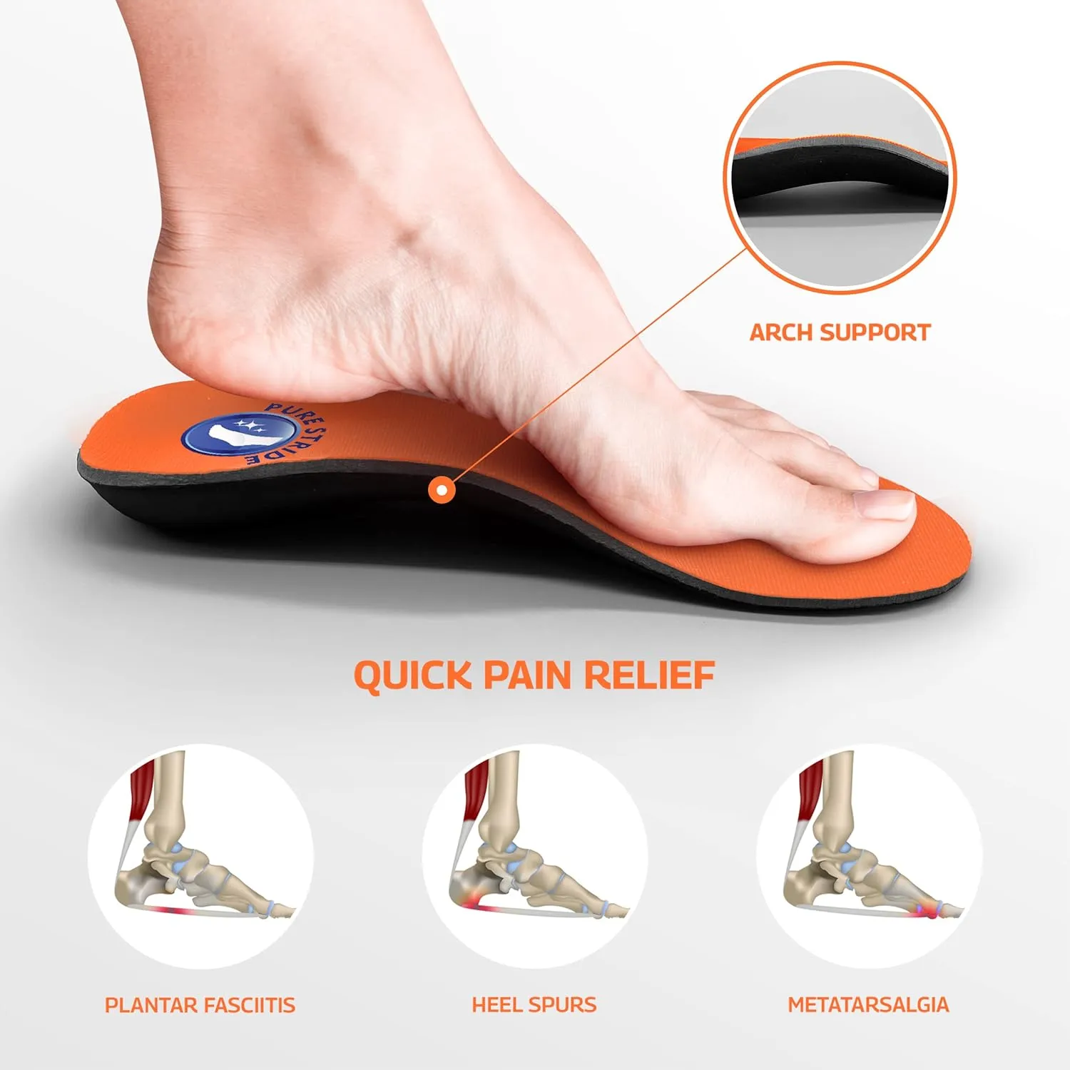Pure Stride Bold Professional Full Length Orthotics - Shoe Support for Metatarsals, High Arch, Flat Feet - Pain Relief for Plantar Fasciitis, Arch, Heel - 1 Pair, Men 5-5.5/Women's 7-7.5, Bold Orange