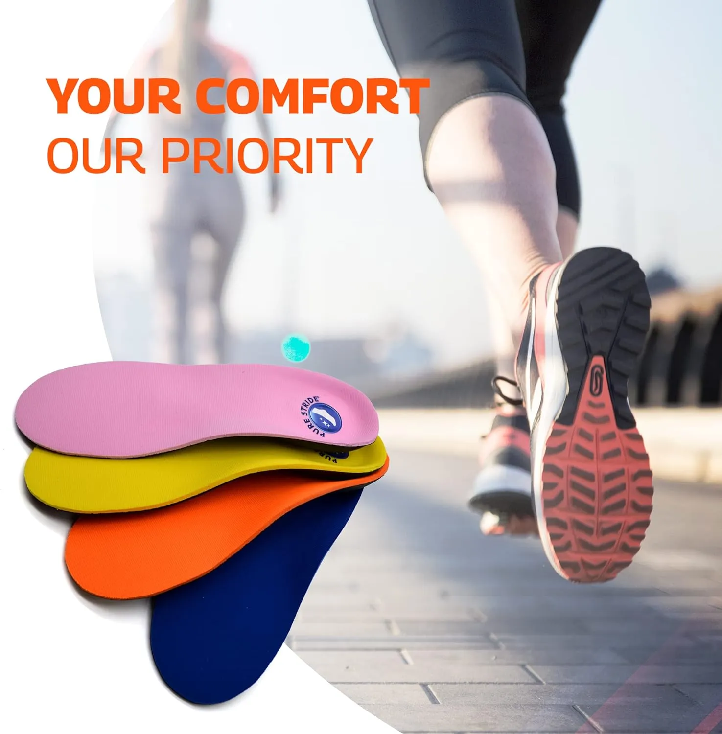 Pure Stride Bold Professional Full Length Orthotics - Shoe Support for Metatarsals, High Arch, Flat Feet - Pain Relief for Plantar Fasciitis, Arch, Heel - 1 Pair, Men 5-5.5/Women's 7-7.5, Bold Orange