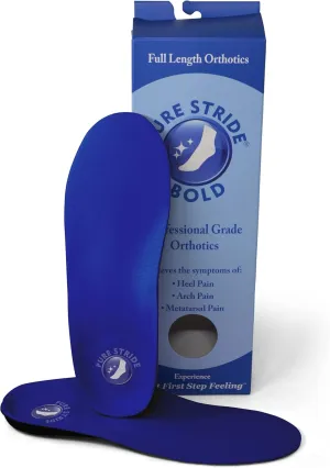 Pure Stride Bold Professional Full Length Orthotics - Shoe Support for Metatarsals, High Arch, Flat Feet - Pain Relief for Plantar Fasciitis, Arch, Heel - 1 Pair, Men's 7-7.5/Women’s 9-9.5, Bold Blue