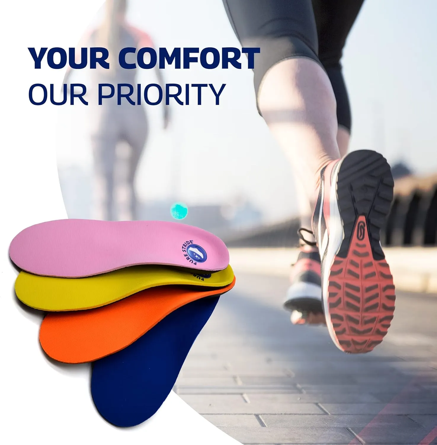Pure Stride Bold Professional Full Length Orthotics - Shoe Support for Metatarsals, High Arch, Flat Feet - Pain Relief for Plantar Fasciitis, Arch, Heel - 1 Pair, Men's 7-7.5/Women’s 9-9.5, Bold Blue