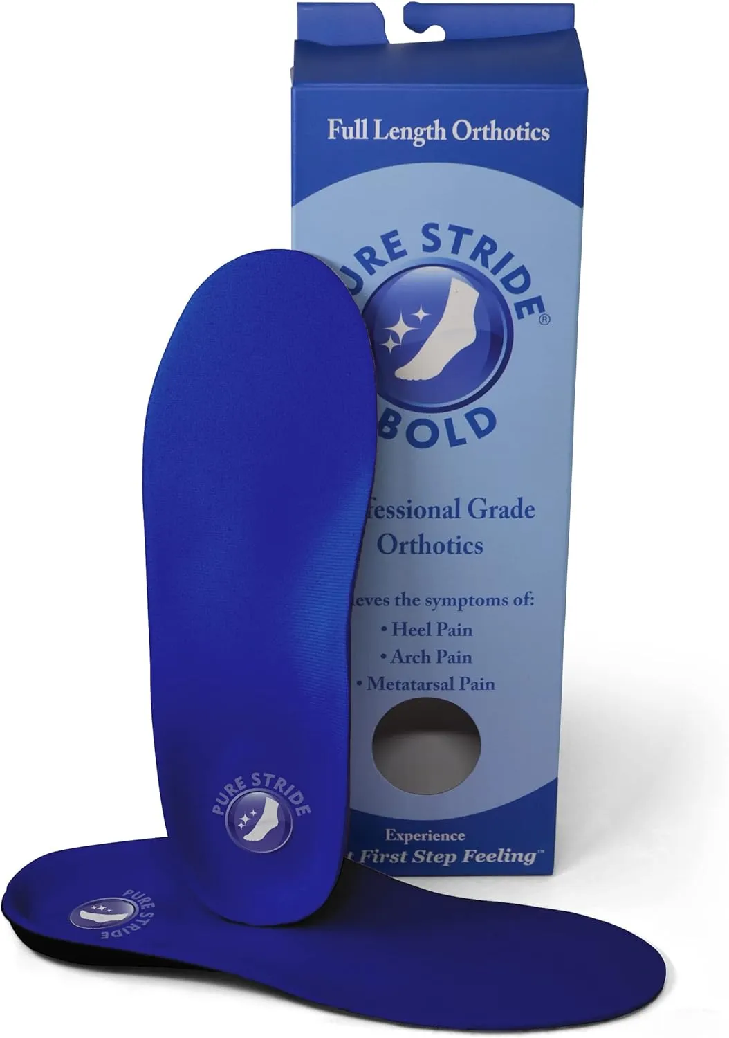 Pure Stride Bold Professional Full Length Orthotics - Shoe Support for Metatarsals, High Arch, Flat Feet - Pain Relief for Plantar Fasciitis, Arch, Heel - 1 Pair, Men's 7-7.5/Women’s 9-9.5, Bold Blue