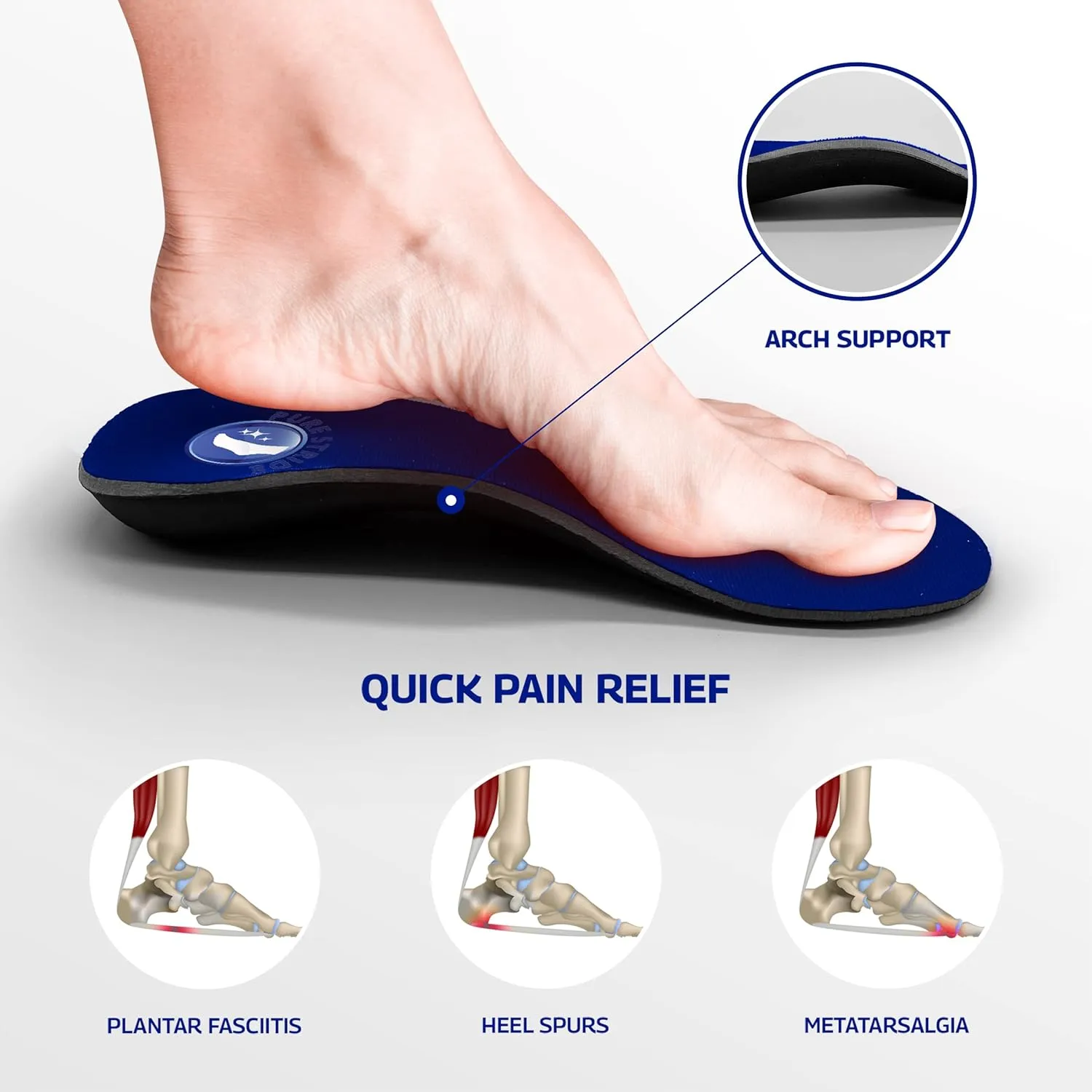 Pure Stride Bold Professional Full Length Orthotics - Shoe Support for Metatarsals, High Arch, Flat Feet - Pain Relief for Plantar Fasciitis, Arch, Heel - 1 Pair, Men's 7-7.5/Women’s 9-9.5, Bold Blue
