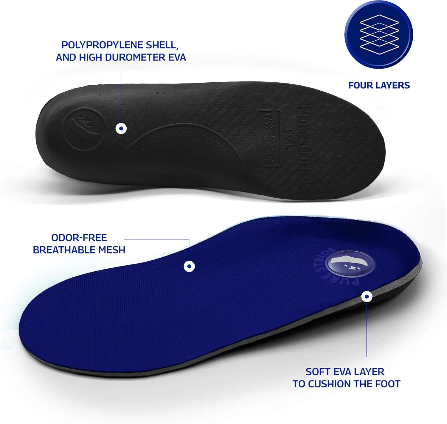 Pure Stride Bold Professional Full Length Orthotics - Shoe Support for Metatarsals, High Arch, Flat Feet - Pain Relief for Plantar Fasciitis, Arch, Heel - 1 Pair, Men's 7-7.5/Women’s 9-9.5, Bold Blue