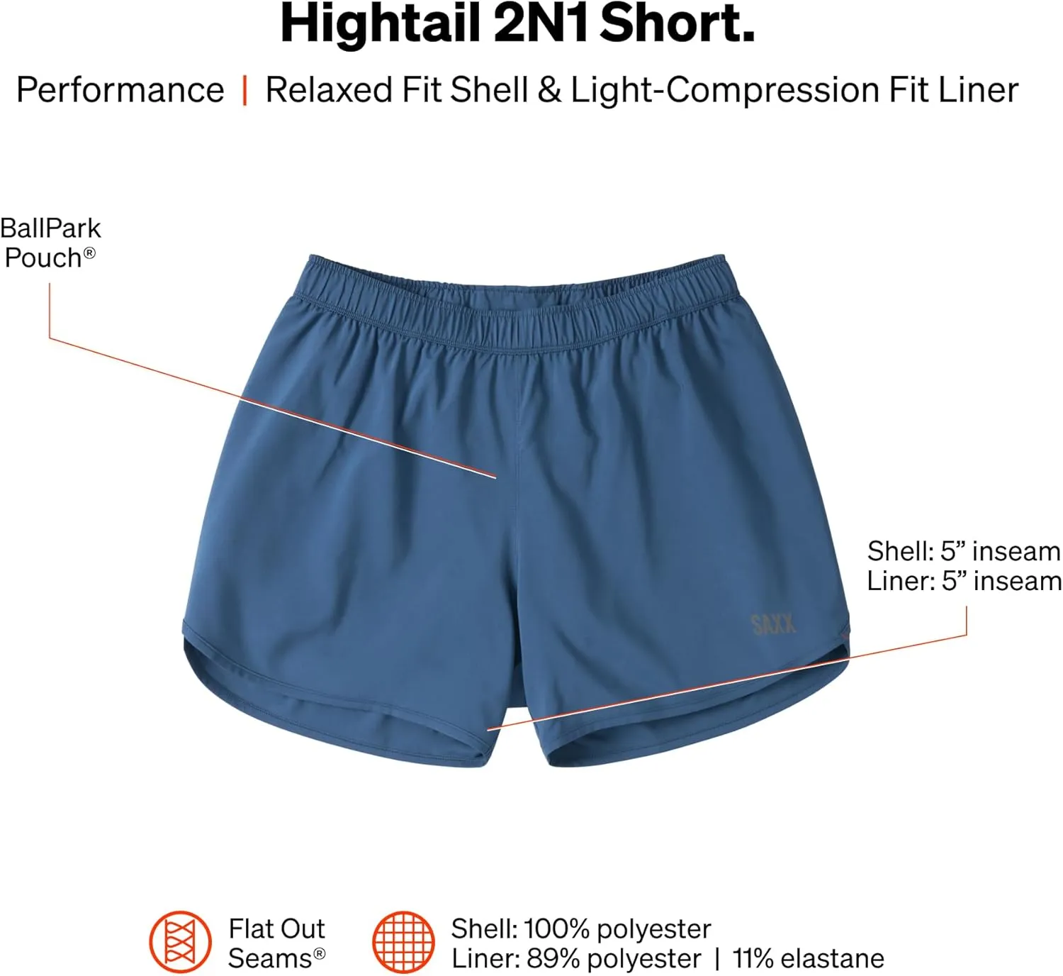 Saxx Men's Underwear - Hightail 2N1 Run Short–5” Running Shorts with Built-in Pouch PRO Support - Men’s 2 in1 Workout Shorts