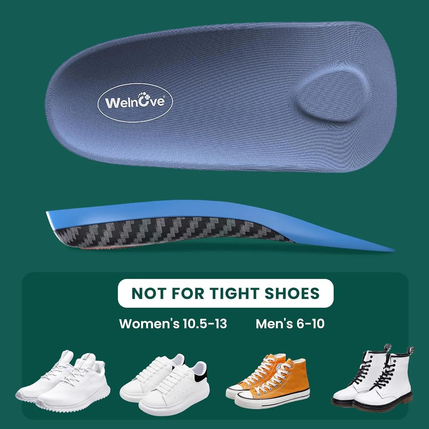 Semi-Rigid Arch Support Inserts for Men Women - Welnove Work Boot Insole for Walking or Standing All Days,3/4 Length Heel Pain Relief Insert for Flat Feet,Shoe Insoles for Women 10.5-13 Men 8.5-12