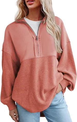 SHEWIN Womens Sweatshirt Casual Waffle Knit Half Zip Pullover Loose Long Sleeve Tops Fall Outfit Clothes 2025