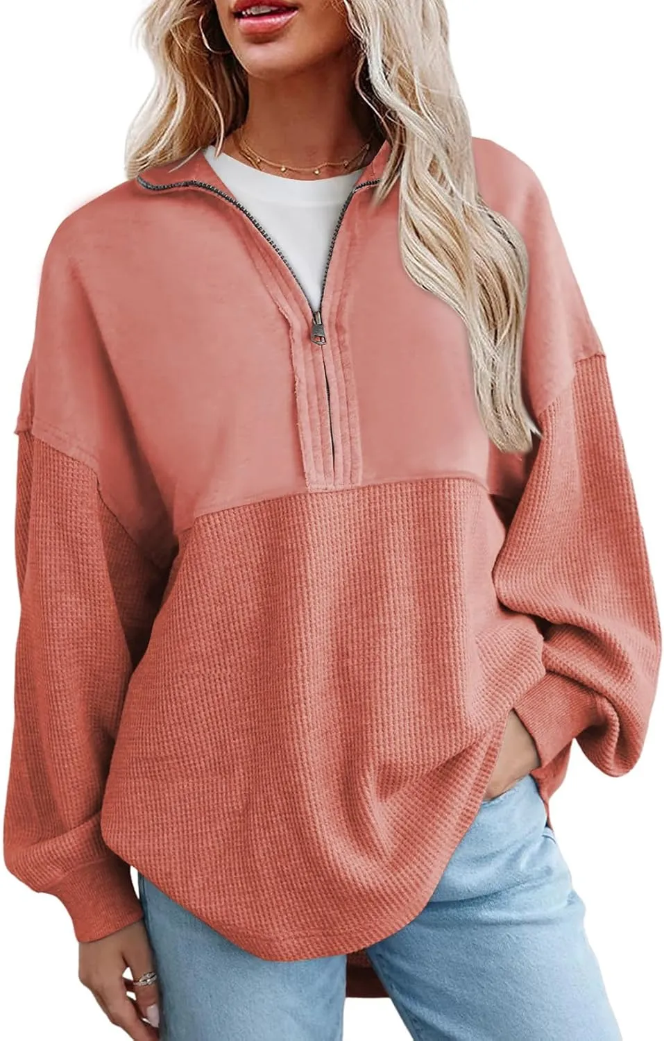 SHEWIN Womens Sweatshirt Casual Waffle Knit Half Zip Pullover Loose Long Sleeve Tops Fall Outfit Clothes 2025