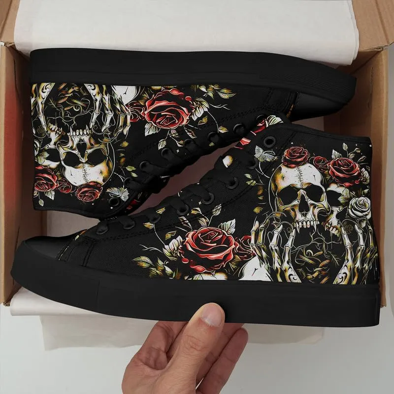 Skull High Top Sneaker for Men Women Fashion Rose Gothic Black Canvas Shoes Unisex Lace Up Casual Tennis Walking Flat Shoes