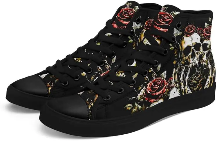 Skull High Top Sneaker for Men Women Fashion Rose Gothic Black Canvas Shoes Unisex Lace Up Casual Tennis Walking Flat Shoes