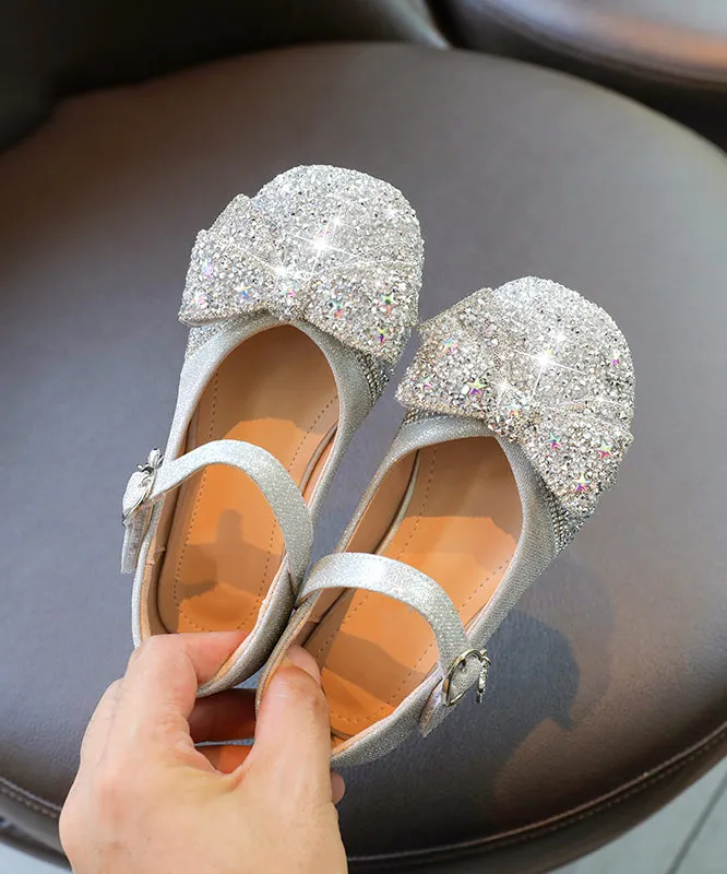Soft Buckle Strap Leather Crystal Bow Kids Zircon Silvery Faux