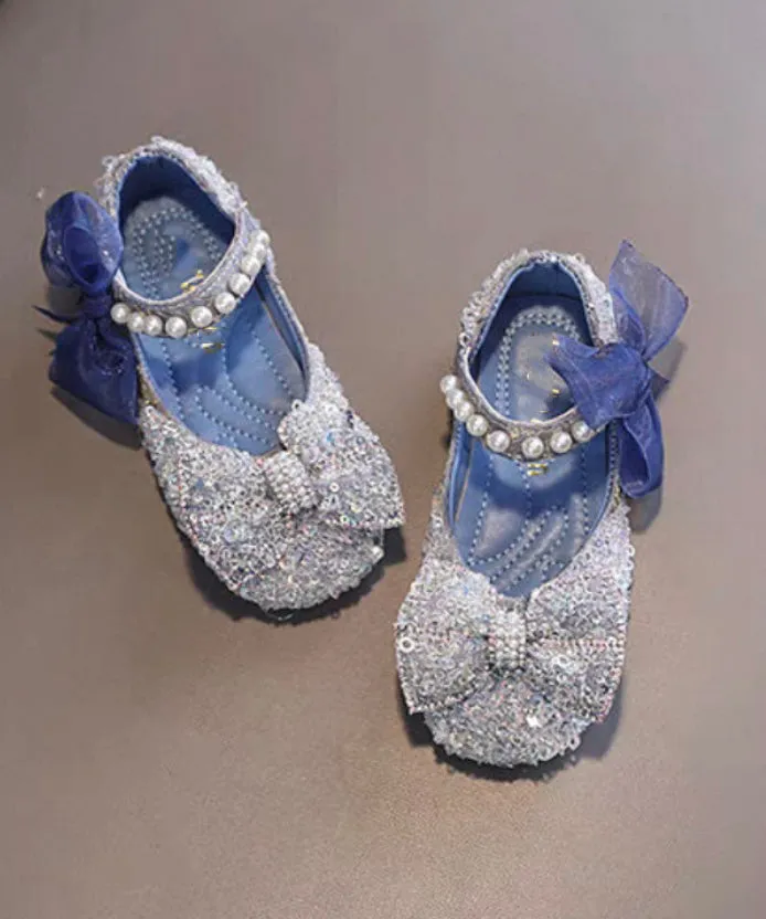Stylish Blue Pearl Bow Buckle Strap Flat Shoes For Kids