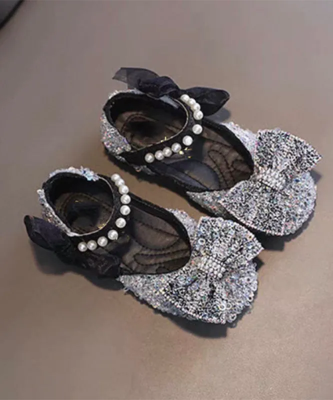 Stylish Blue Pearl Bow Buckle Strap Flat Shoes For Kids