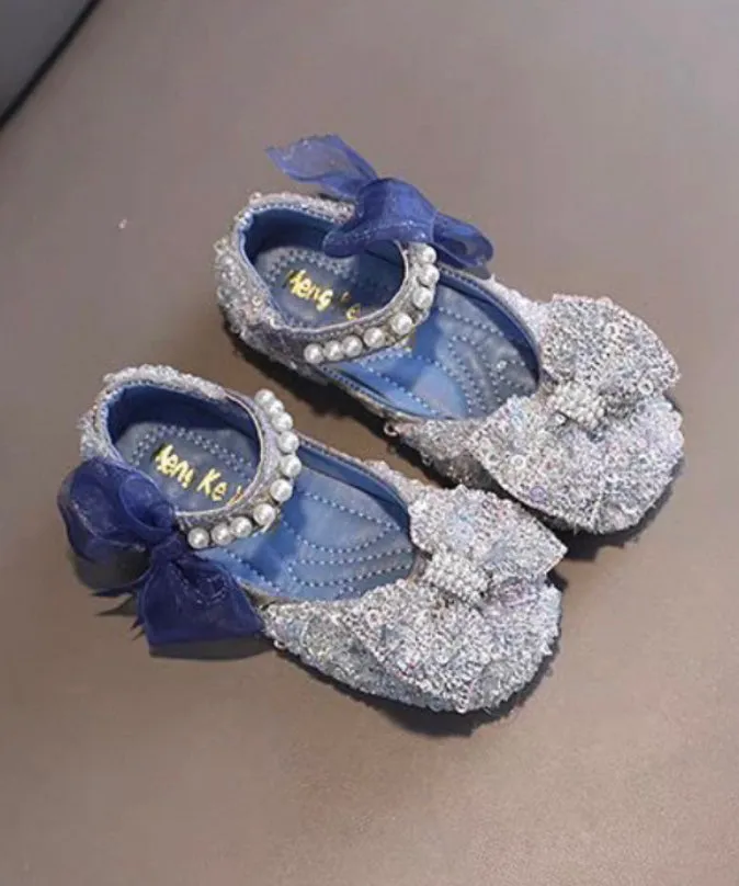 Stylish Blue Pearl Bow Buckle Strap Flat Shoes For Kids