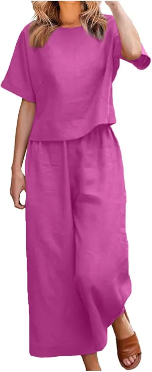 Summer 2 Piece Sets For Women 2024 Casual Loose Tops & Wide Leg Pants Matching Lounge Set Linen Beach Vacation Outfits