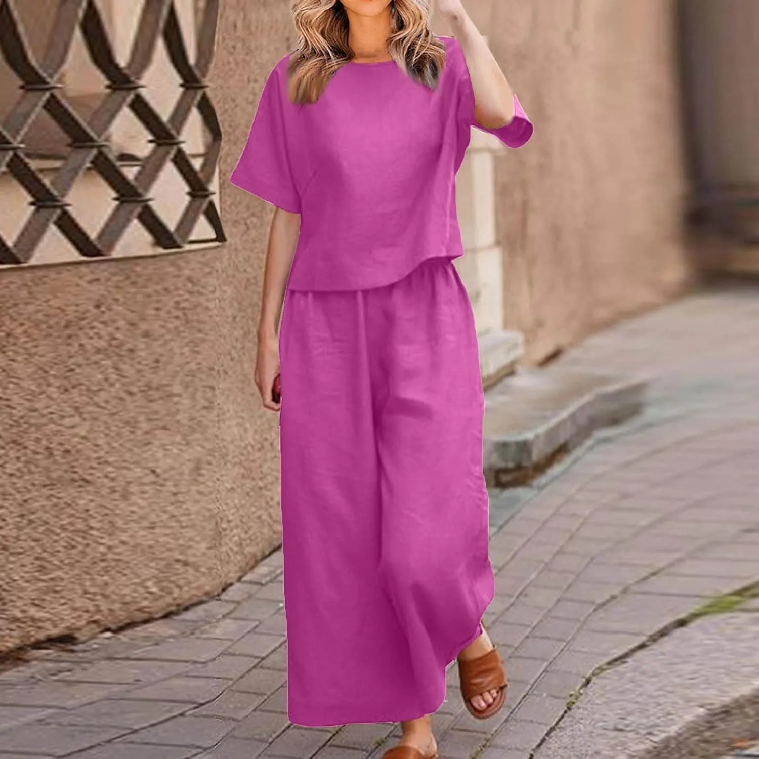 Summer 2 Piece Sets For Women 2024 Casual Loose Tops & Wide Leg Pants Matching Lounge Set Linen Beach Vacation Outfits