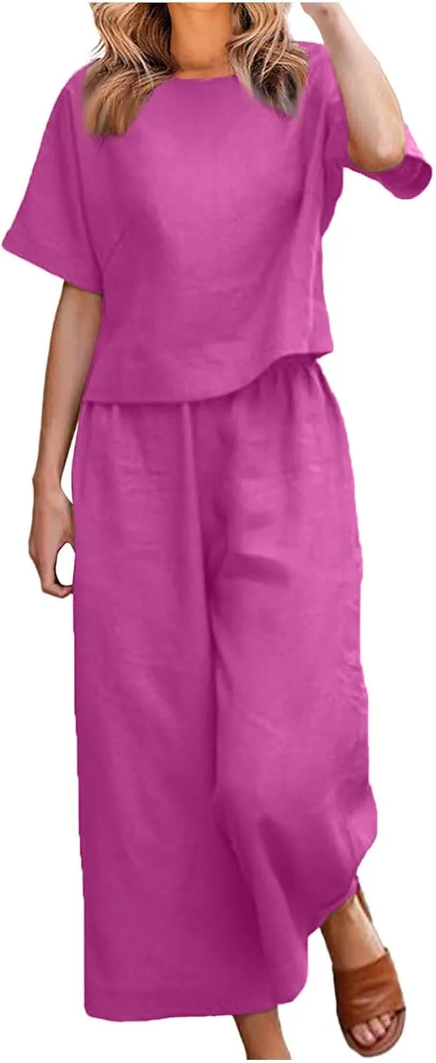 Summer 2 Piece Sets For Women 2024 Casual Loose Tops & Wide Leg Pants Matching Lounge Set Linen Beach Vacation Outfits