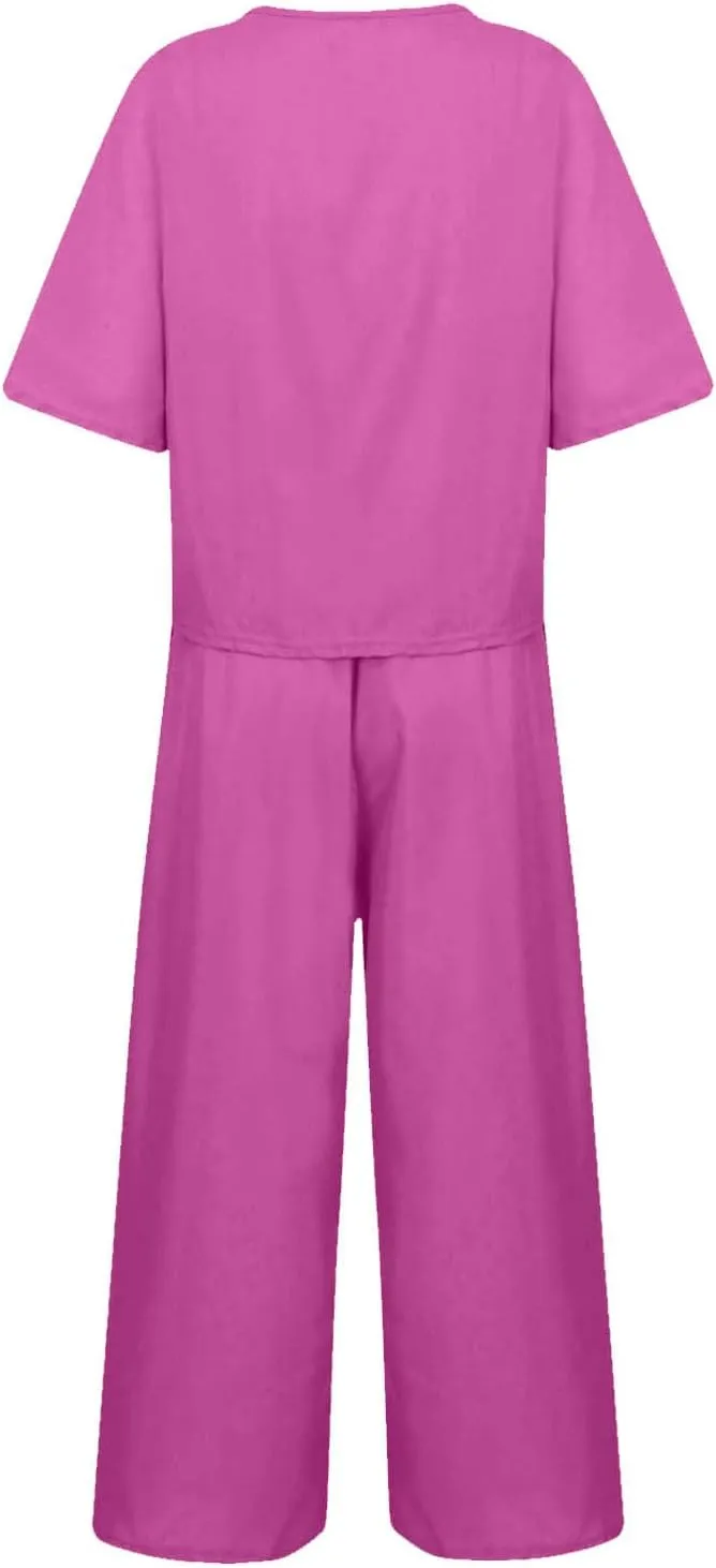 Summer 2 Piece Sets For Women 2024 Casual Loose Tops & Wide Leg Pants Matching Lounge Set Linen Beach Vacation Outfits