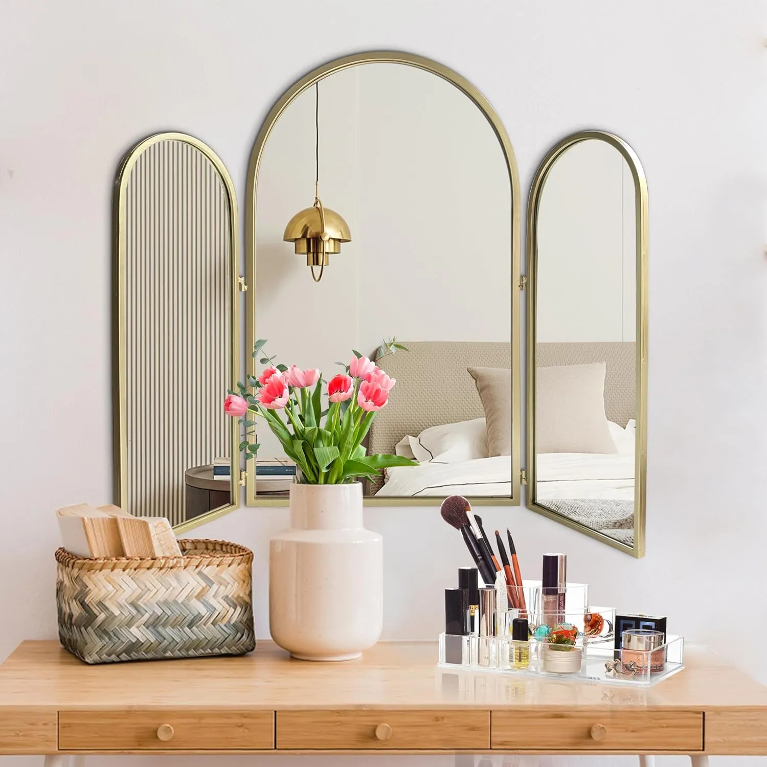 Trifold Vanity Mirrors 3 Way, 30 x 37in Adjustable Vanity Mirrors for Bathroom, Bedroom, Champaign Golden Arch Mirrors Wall Mounted Decoration, Braiding Hair, Makeup 360° Way