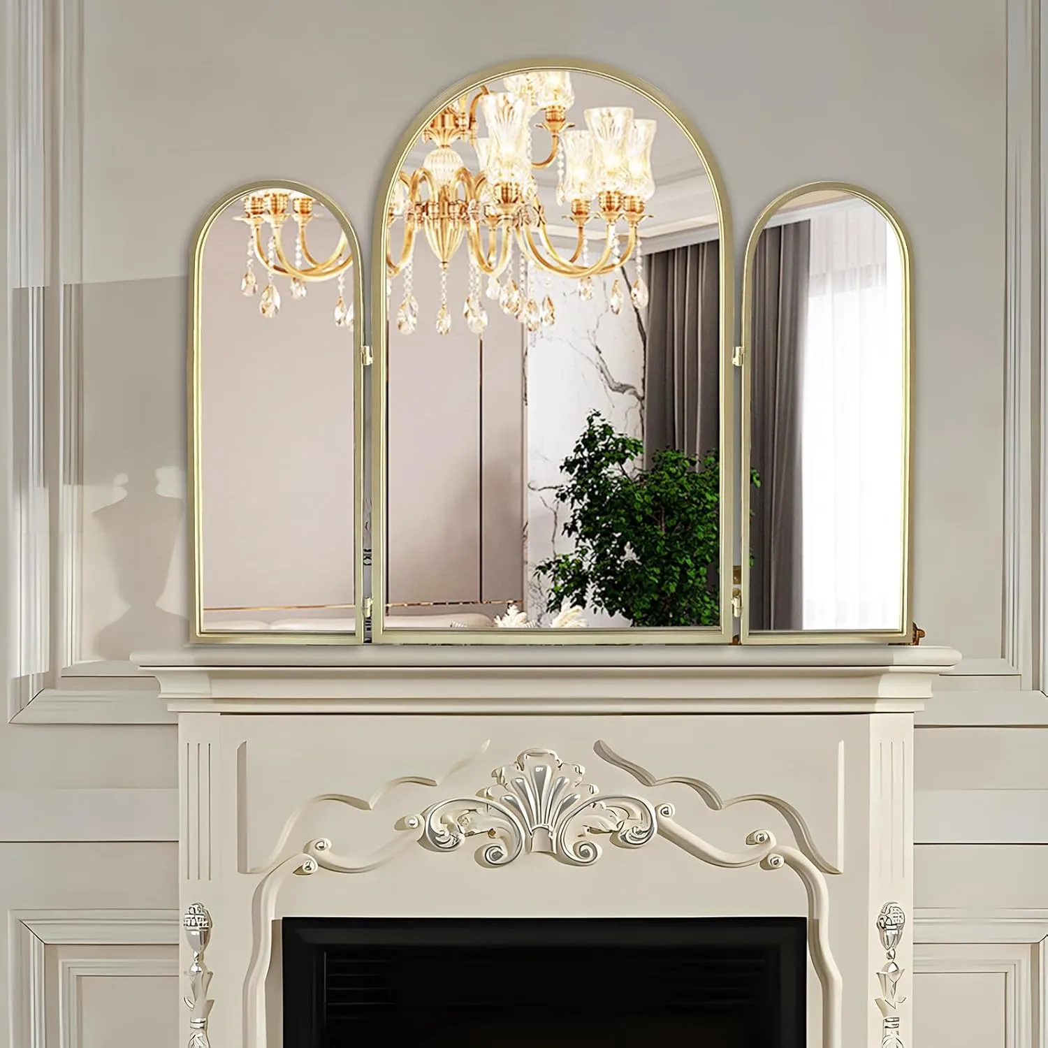 Trifold Vanity Mirrors 3 Way, 30 x 37in Adjustable Vanity Mirrors for Bathroom, Bedroom, Champaign Golden Arch Mirrors Wall Mounted Decoration, Braiding Hair, Makeup 360° Way