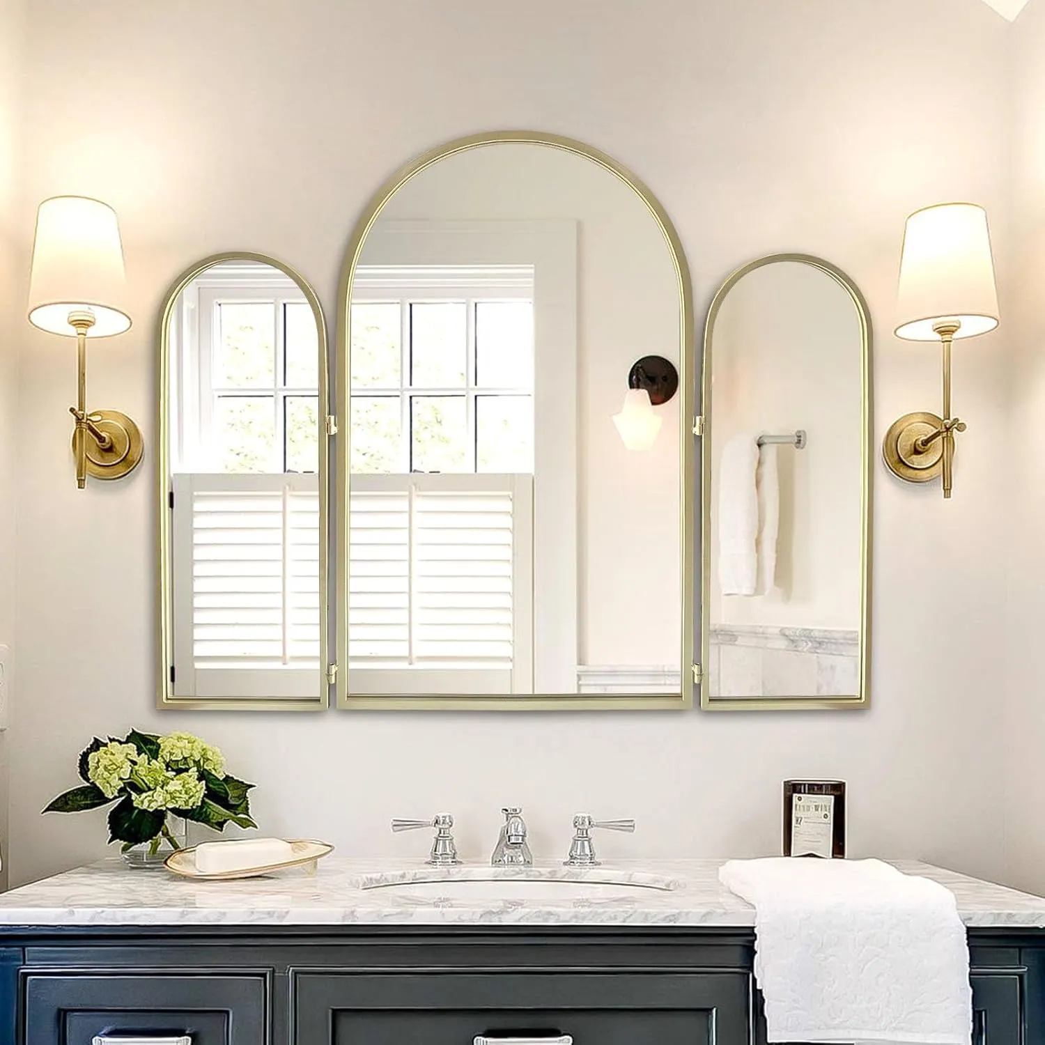 Trifold Vanity Mirrors 3 Way, 30 x 37in Adjustable Vanity Mirrors for Bathroom, Bedroom, Champaign Golden Arch Mirrors Wall Mounted Decoration, Braiding Hair, Makeup 360° Way