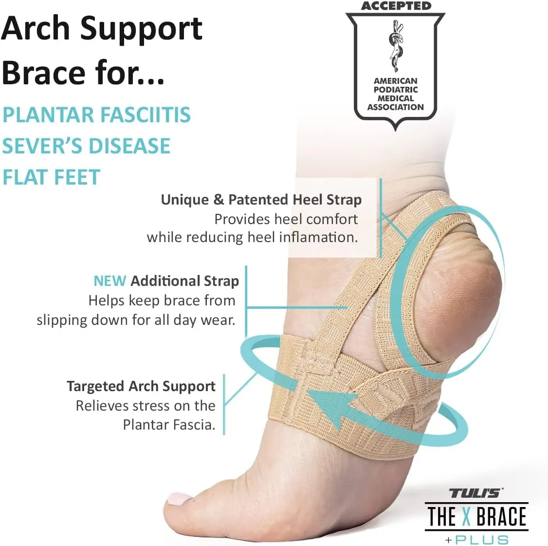 Tuli's X Brace Plus, Arch Support Brace and Compression with Added Strap for Sever's Disease, Plantar Fasciitis, and Heel Pain, 1 Pair, Small
