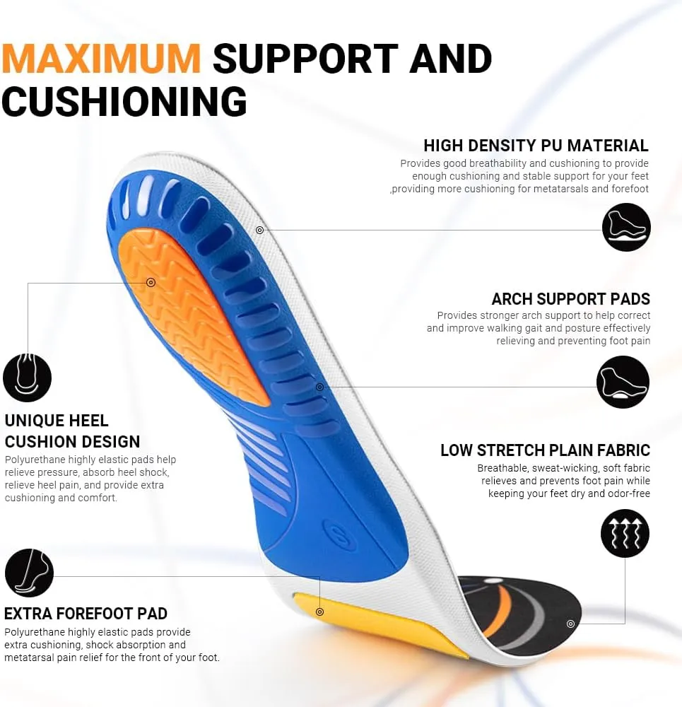 Valsole Plantar Fasciitis Insoles High Arch Support Inserts Orthotic Insoles for Flat Feet Women Men Heavy Duty Support Work Boots Insoles for Standing All Day (M:280mm(Men8-9.5/Women9-10.5), Black)