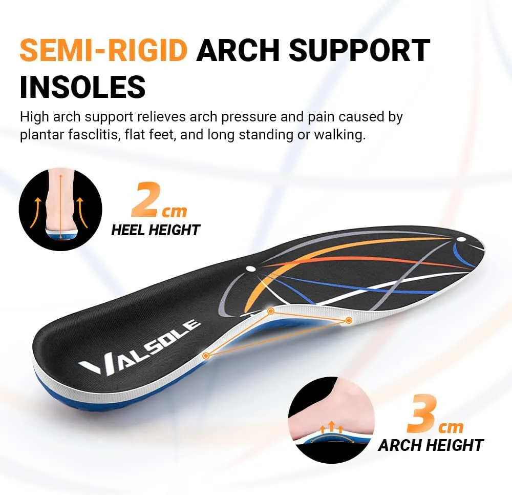 Valsole Plantar Fasciitis Insoles High Arch Support Inserts Orthotic Insoles for Flat Feet Women Men Heavy Duty Support Work Boots Insoles for Standing All Day (M:280mm(Men8-9.5/Women9-10.5), Black)