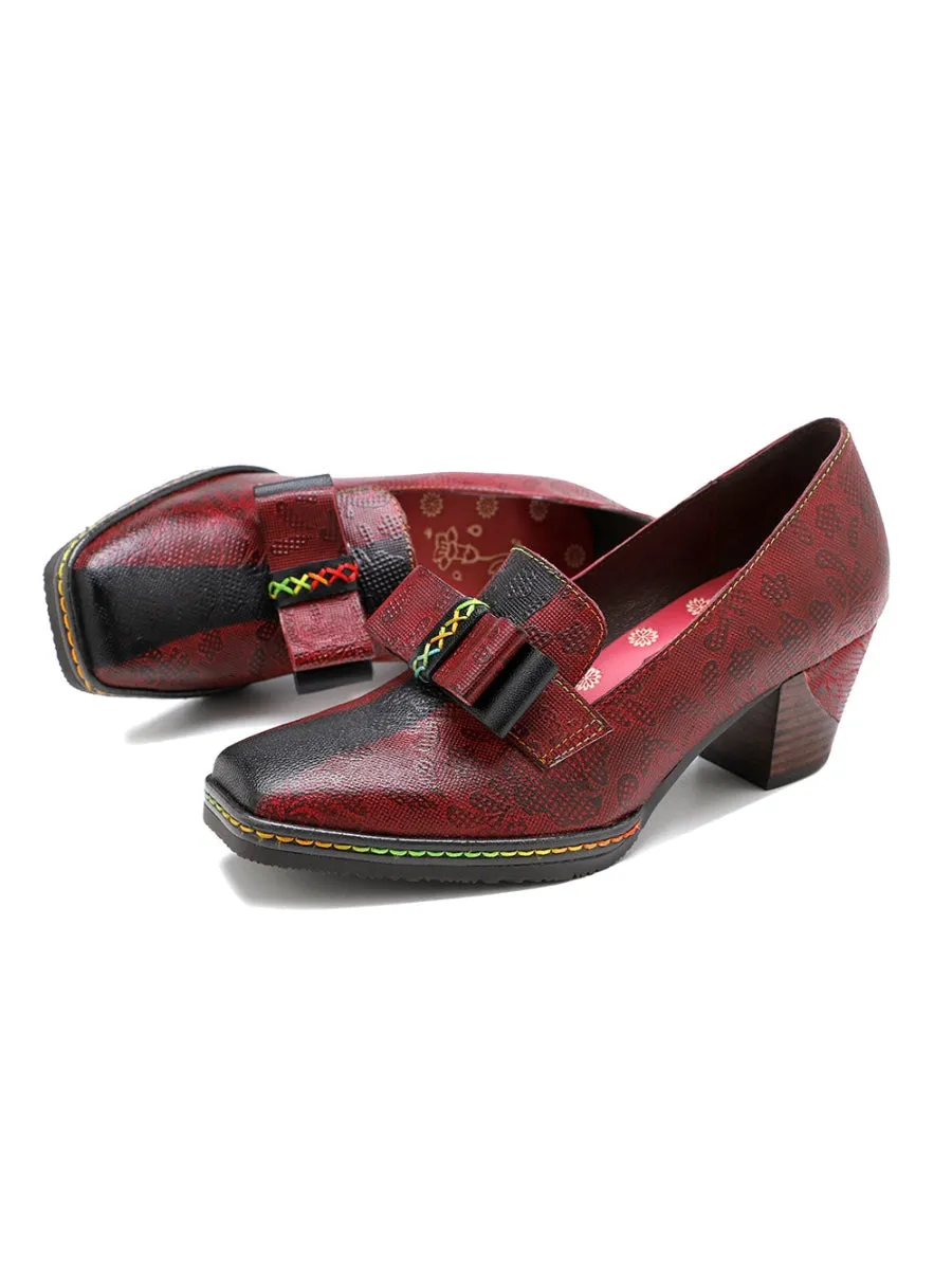 Vicconfy | Rainbow Stitch Bow Floral Embossed Leather Pump