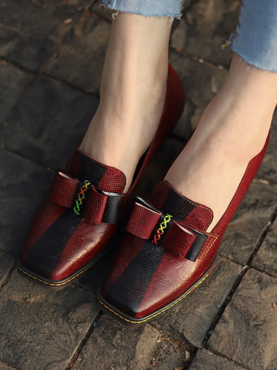Vicconfy | Rainbow Stitch Bow Floral Embossed Leather Pump