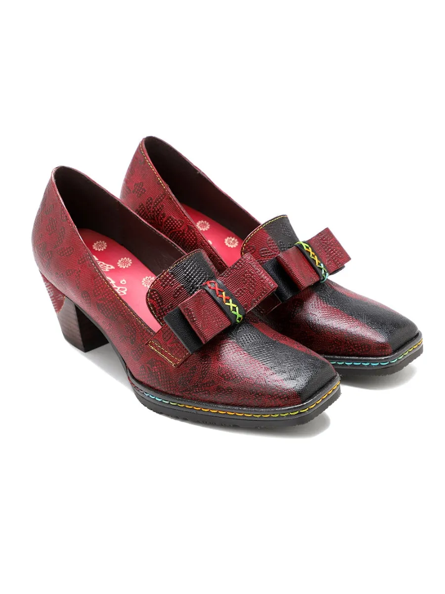 Vicconfy | Rainbow Stitch Bow Floral Embossed Leather Pump